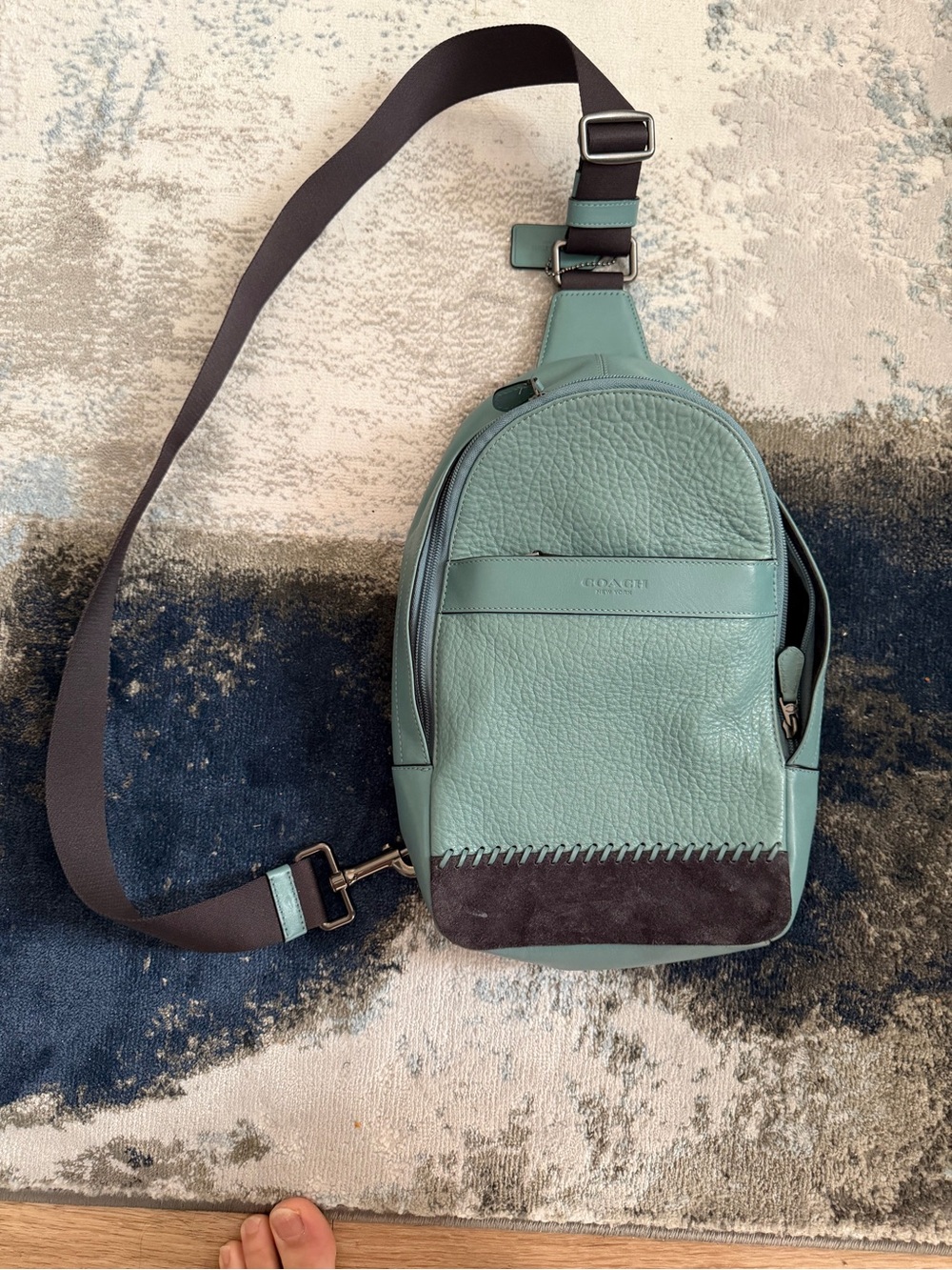Coach Teal Green Leather Sling Bag with Brown Suede Trim